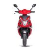 A red scooter with black trim and chrome accents.