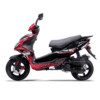 A red and black scooter is parked on the ground.