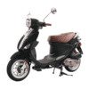 A black scooter with brown seat and chrome frame.