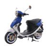 A blue and white scooter is parked on the street.