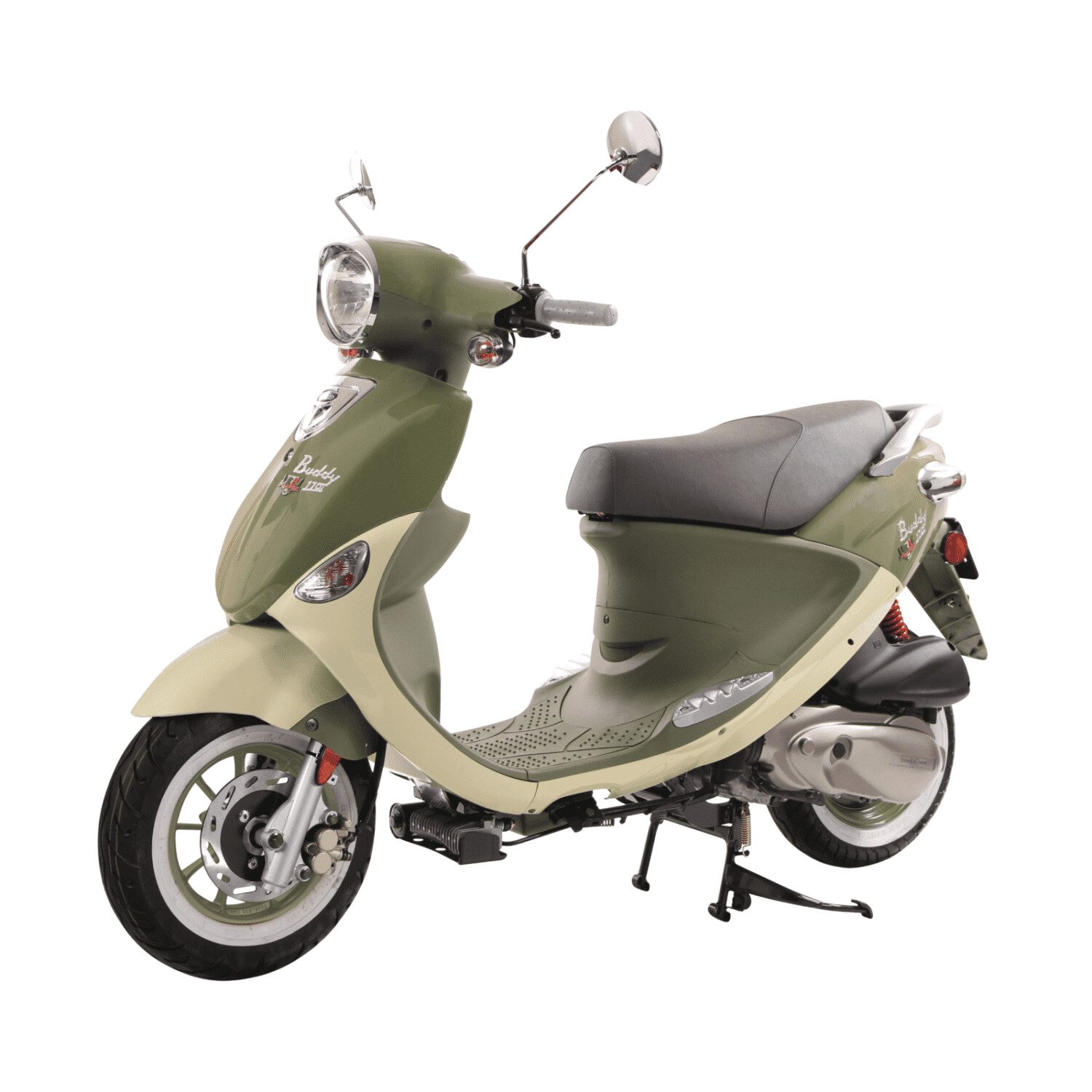 A scooter is shown with the seat up.