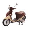A scooter is shown with brown leather seat.