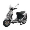 A silver scooter with black seat and chrome frame.