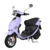 A purple scooter with black seat and handlebars.