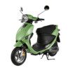 A green scooter is parked on the street.