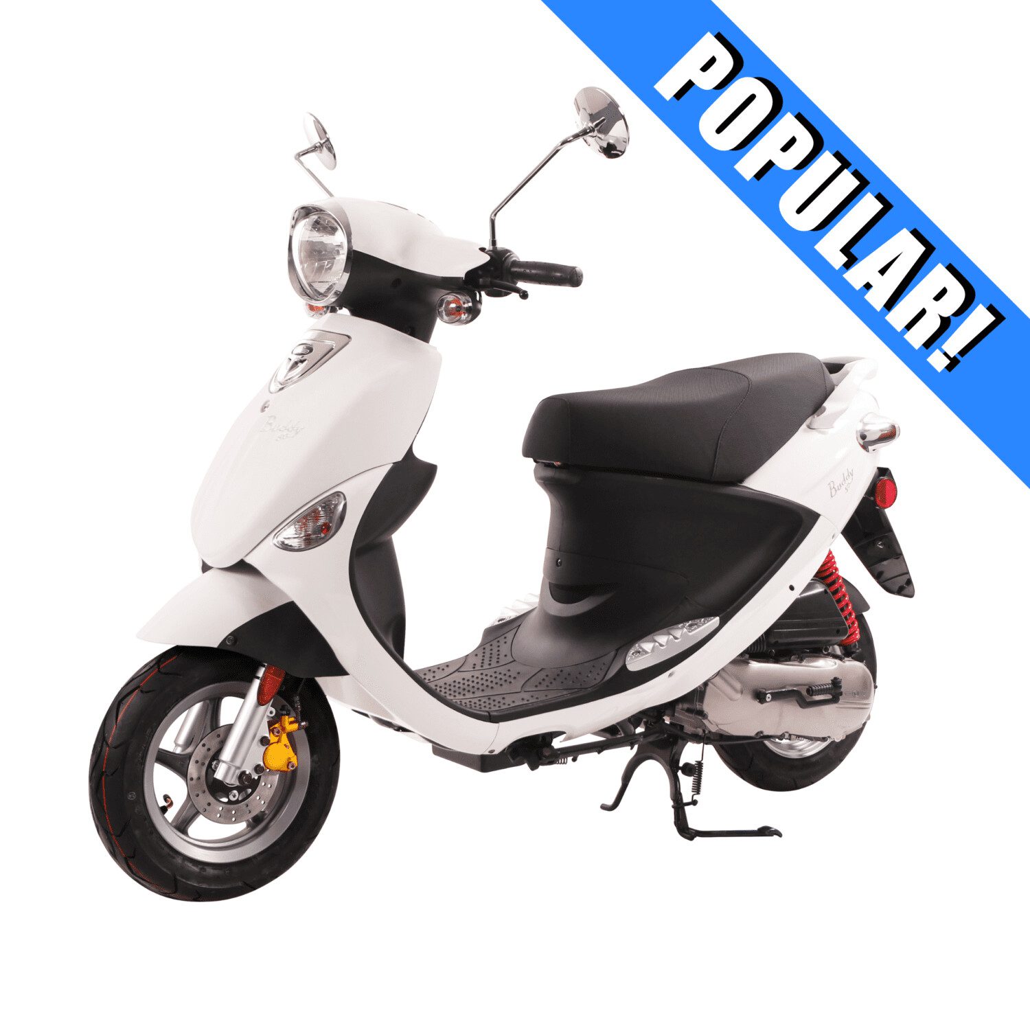 A white scooter with the words " popular !" written above it.
