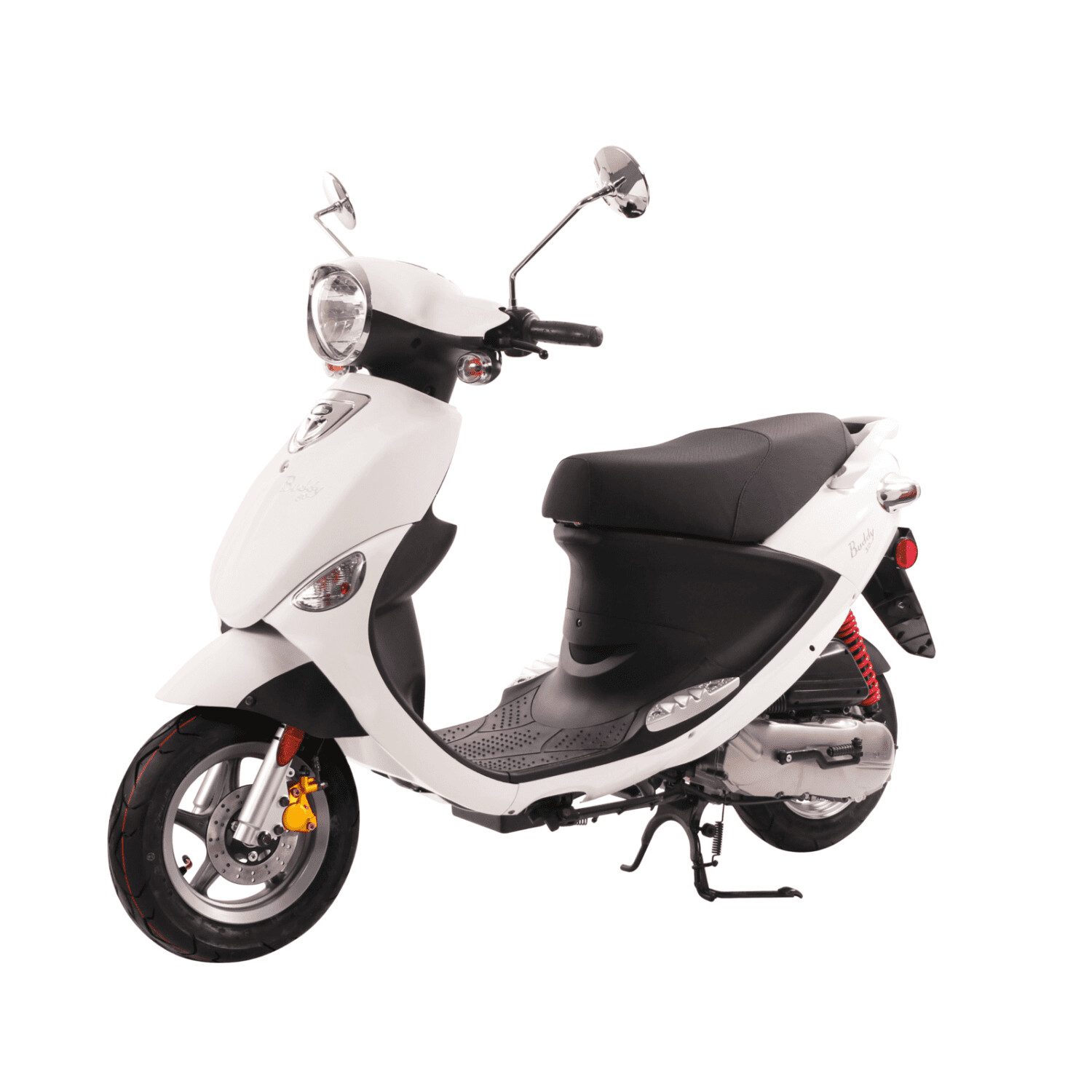A white scooter with black seat and chrome handle bars.
