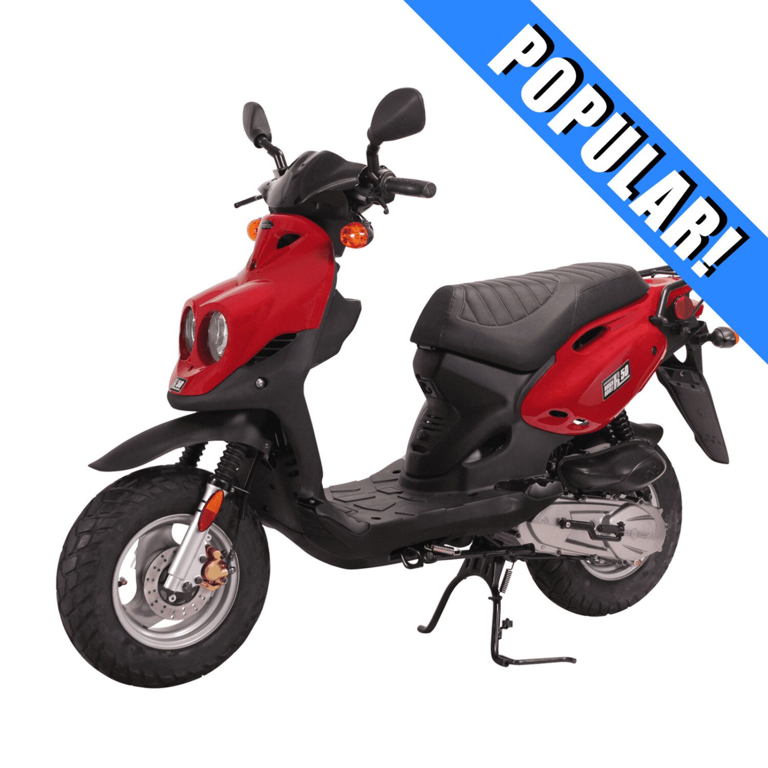 A red scooter with black seat and lettering that says " popular ".