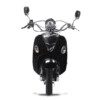 A black scooter with chrome rims and handlebars.
