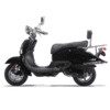 A black scooter with a seat on the back.