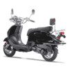 A black scooter with a seat on the back.
