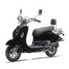 A black scooter with a seat on the front.