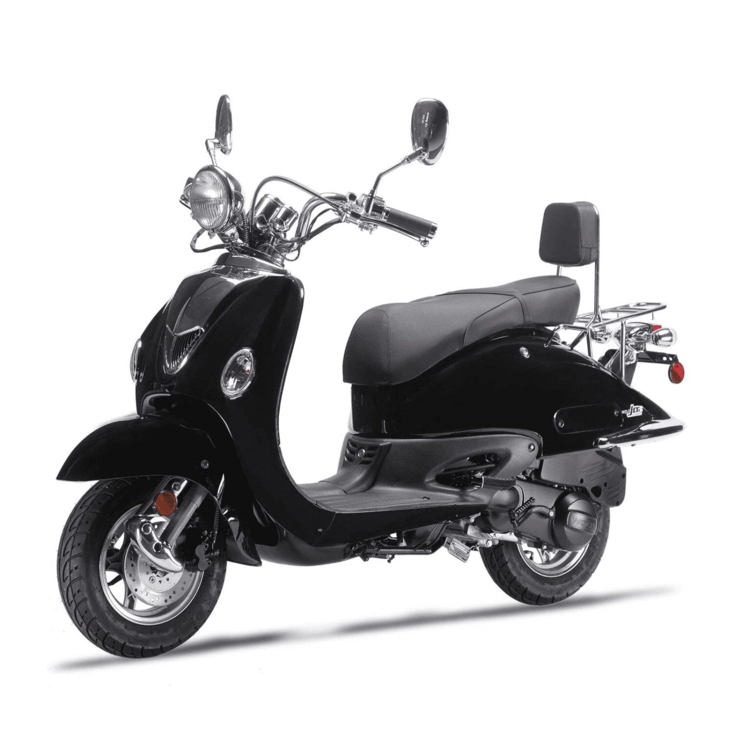 A black scooter with a seat on the front.