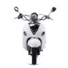 A white scooter with black trim and chrome accents.
