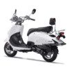 A white scooter with black seat and back.