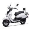 A white scooter with black seat and back.