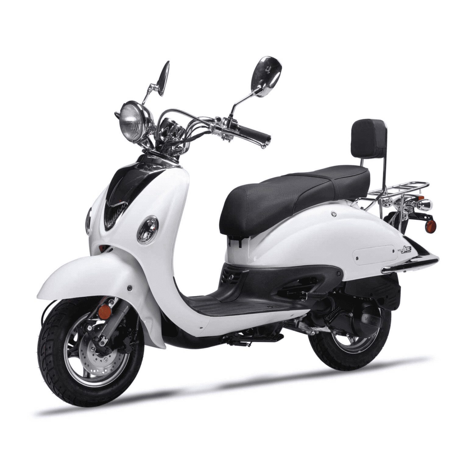 A white scooter with black seat and back.