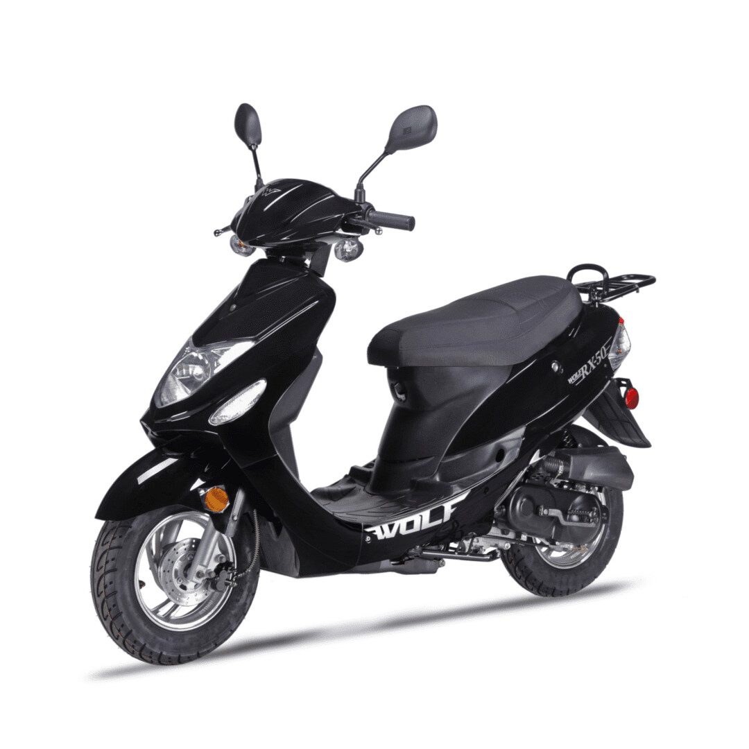 A black scooter is parked on the ground.