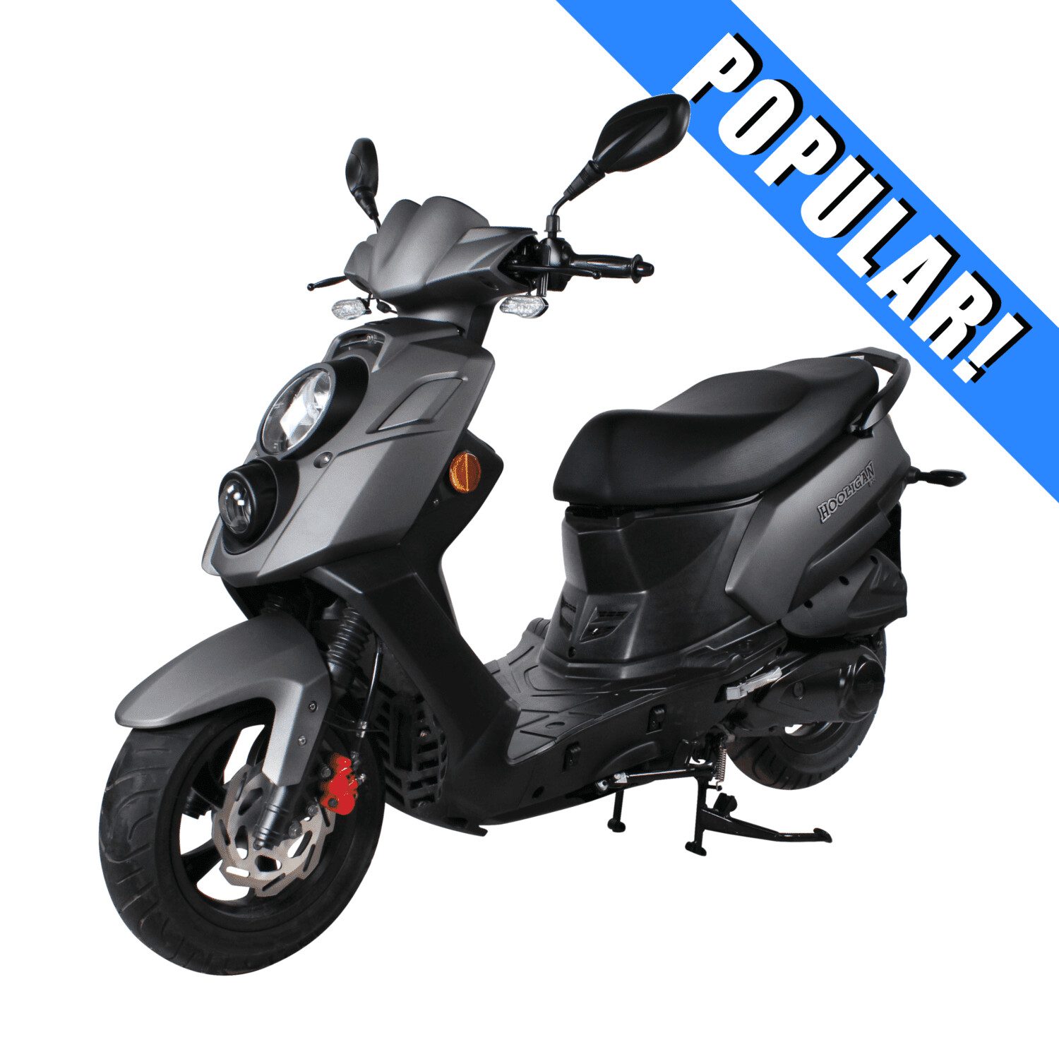 A black scooter with the words " popular !" written above it.