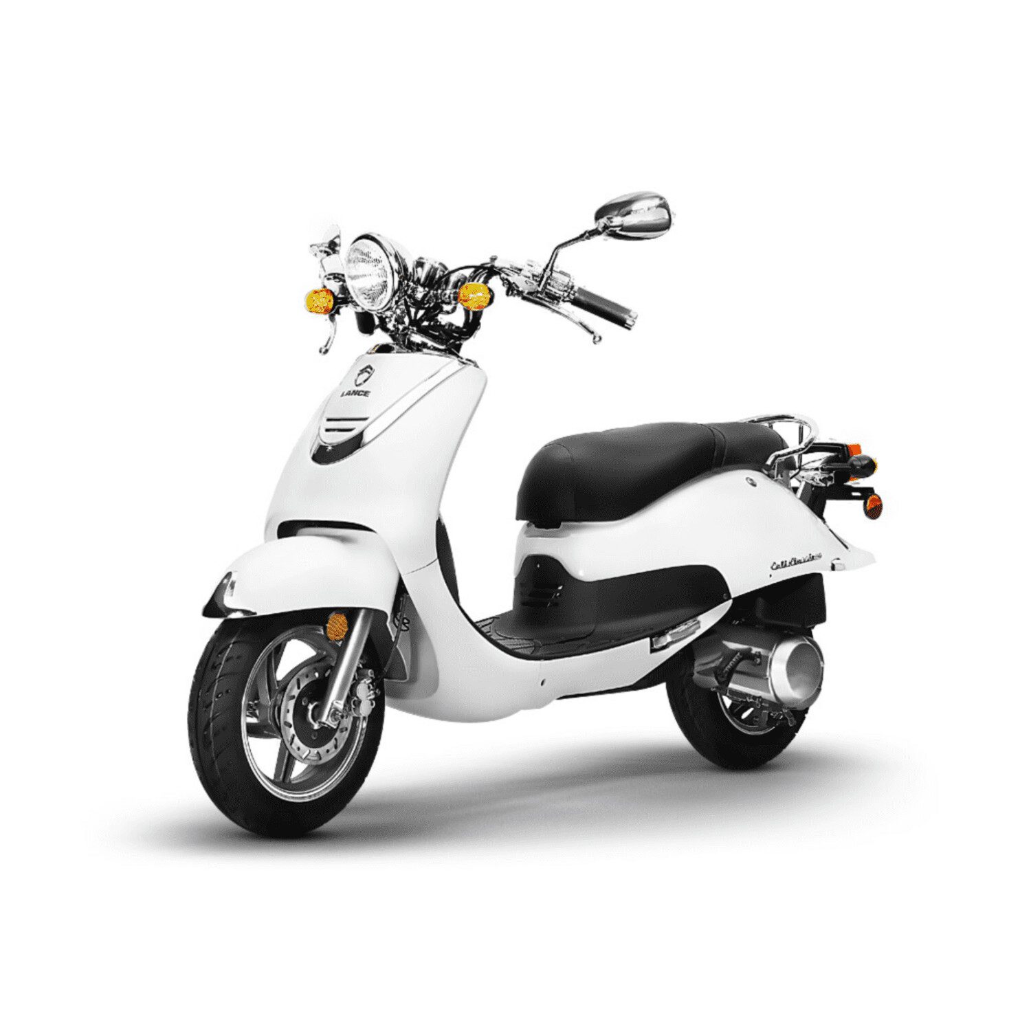 A white scooter is parked on the ground.