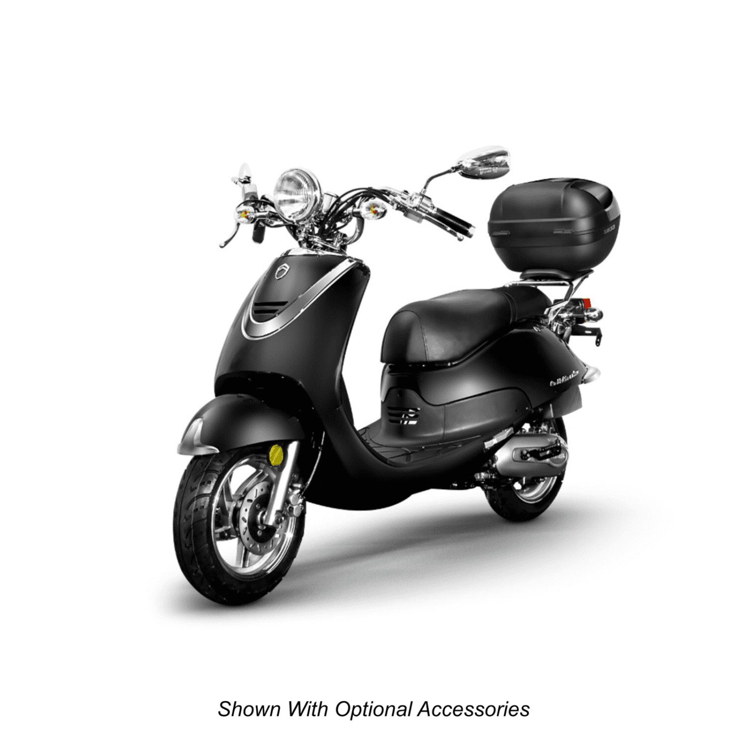 A black scooter with a helmet on the back.