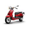 A red scooter is parked on the ground.