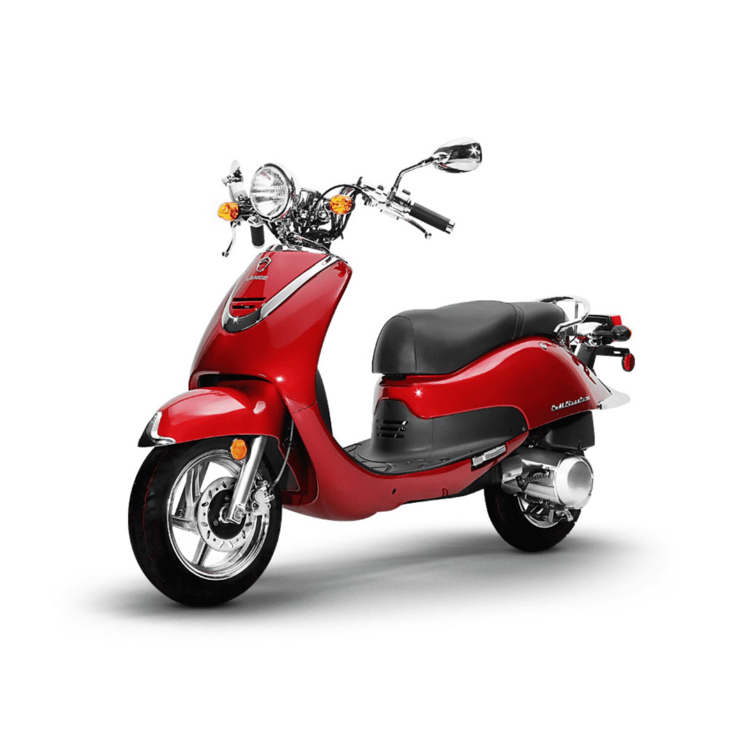 A red scooter is parked on the ground.
