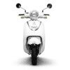A white scooter with black wheels and handlebars.