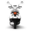 A white scooter with two lights on the front.