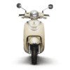 A scooter is shown with the front lights on.