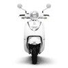 A white scooter with its front lights on.