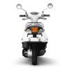 A white scooter with two mirrors and lights on the front.