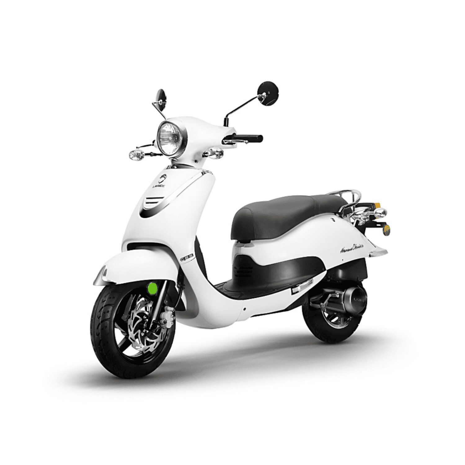 A white scooter is parked on the ground.