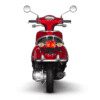 A red scooter with the lights on.