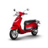 A red scooter is parked on the ground.