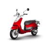A red scooter is parked on the ground.
