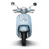 A blue scooter with its front wheel up.