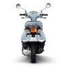 A blue scooter with the front lights on.