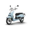 A blue scooter is parked on the ground.