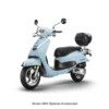 A blue scooter with a black seat and handlebar.