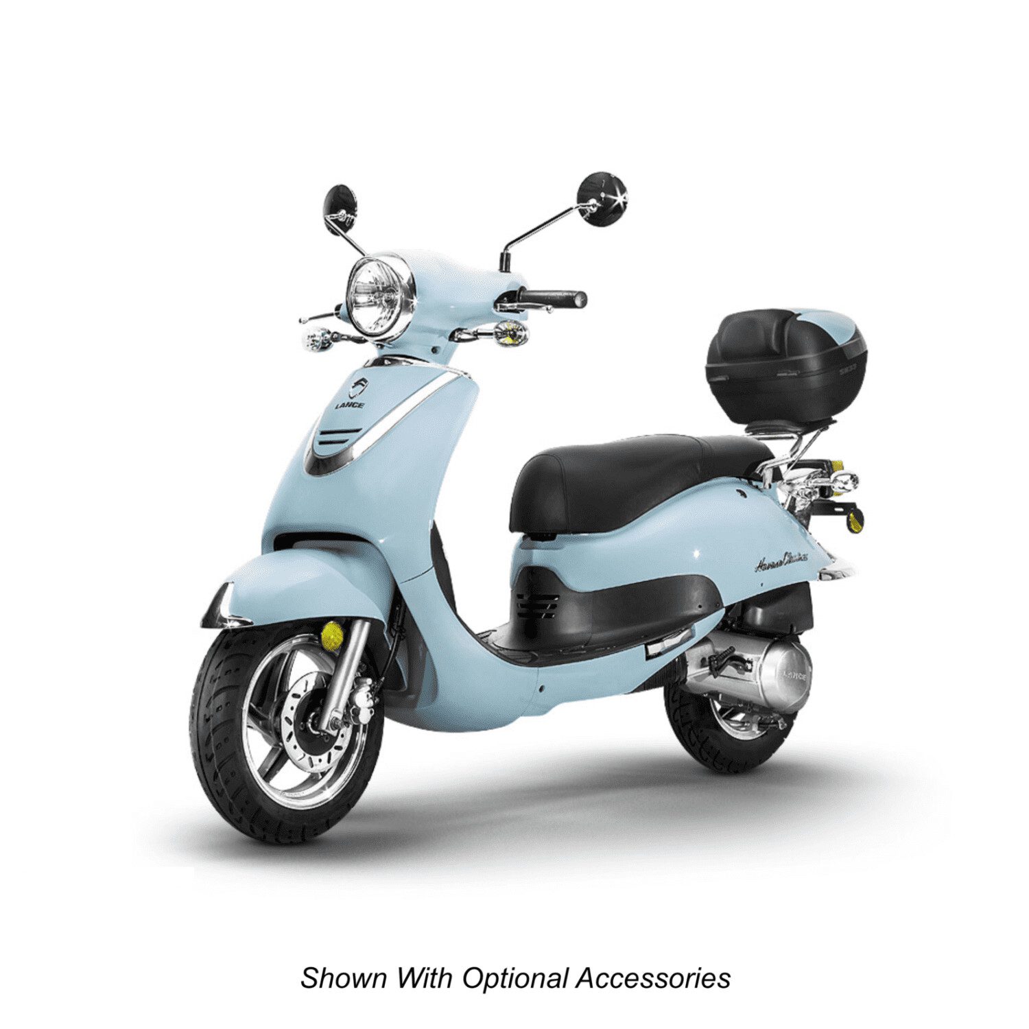 A blue scooter with a black seat and handlebar.