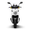 A white scooter with black wheels and a helmet.