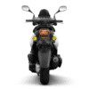 A motorcycle with the lights on and a helmet on.