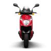 A red motorcycle with a helmet on the front.