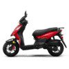 A red scooter is parked on the ground.