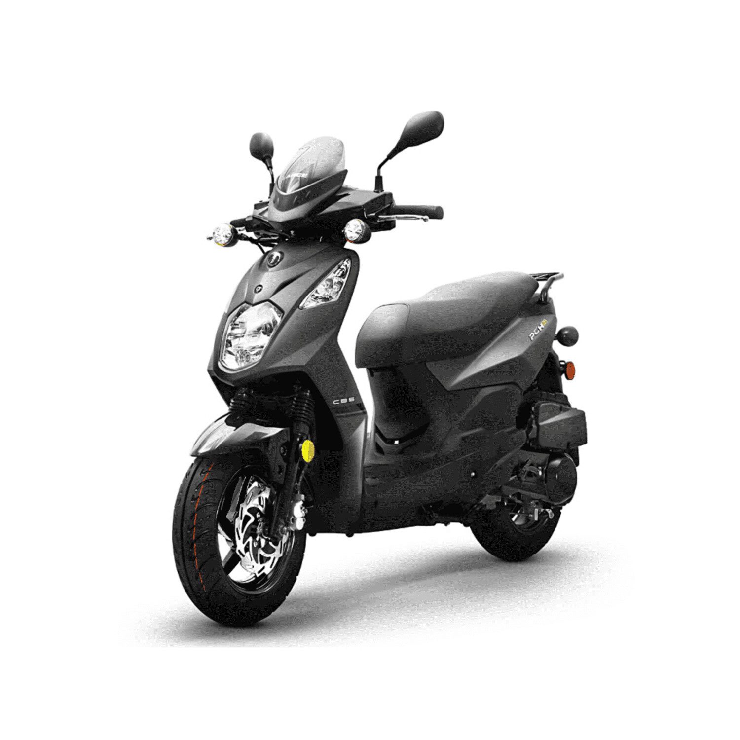 A black scooter is parked on the ground.