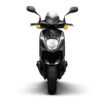 A black scooter with yellow lights on the front.