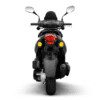 A black motorcycle with red lights and yellow accents.