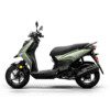 A green scooter is parked on the ground.
