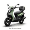 A green scooter with a black seat and wheels.